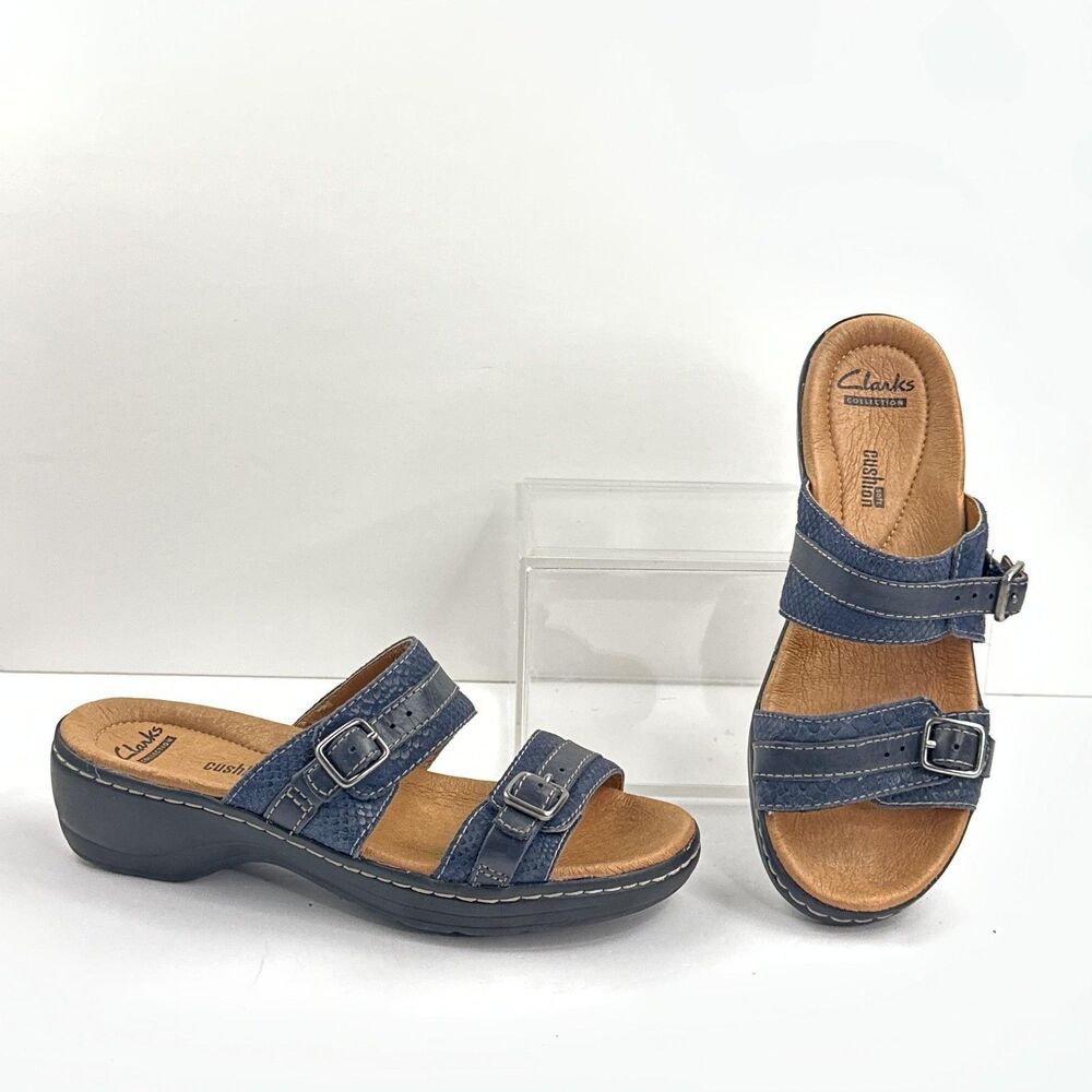 Clarks Slide Sandals Womens 7 Navy Blue Cushion Soft Wedge Shoes Double Buckle